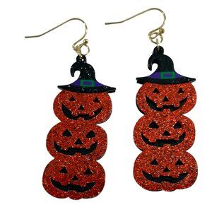 Halloween Pumpkin Earrings Triple Jack O Lantern Witch Hat Dangle Glitter Fun